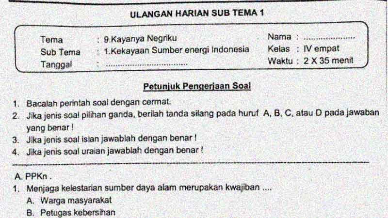 Soal evaluasi tema 9 subtema 3 pembelajaran 1 kelas 4