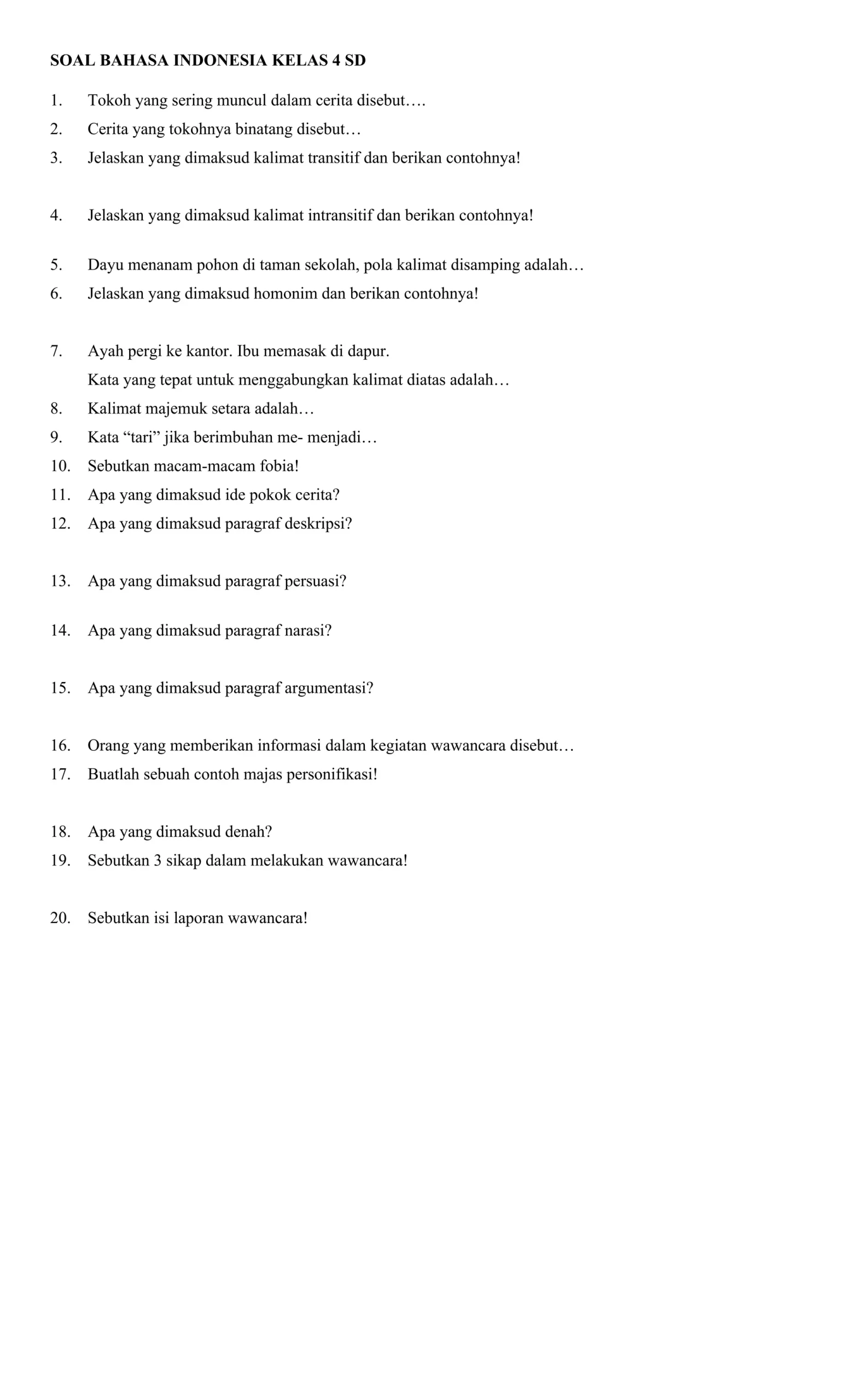 CONTOH SOAL BAHASA INDONESIA KELAS 4 SD docx