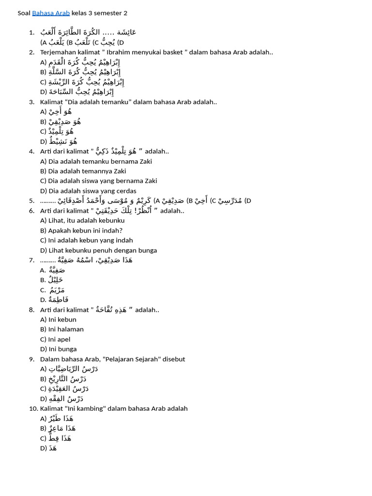 Ternyata! Inilah Soal Bahasa Arab Kelas 3 Semester 2 Versi Hanapi Bani yang Selama Ini Dianggap Sulit