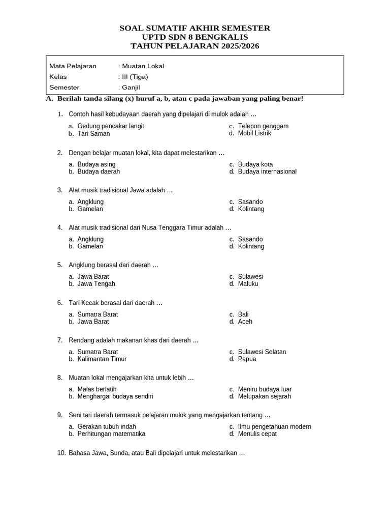 Soal Muatan Lokal Kelas III SD PDF