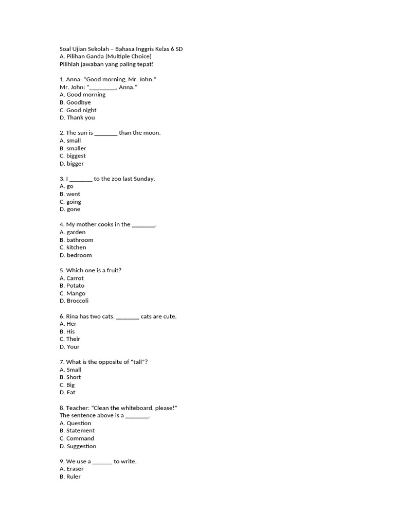 Soal Ujian Sekolah - Bahasa Inggris Kelas 6 SD PDF Zoo Soal Ujian Sekolah - Bahasa Inggris Kelas 6 SD PDF Zoo