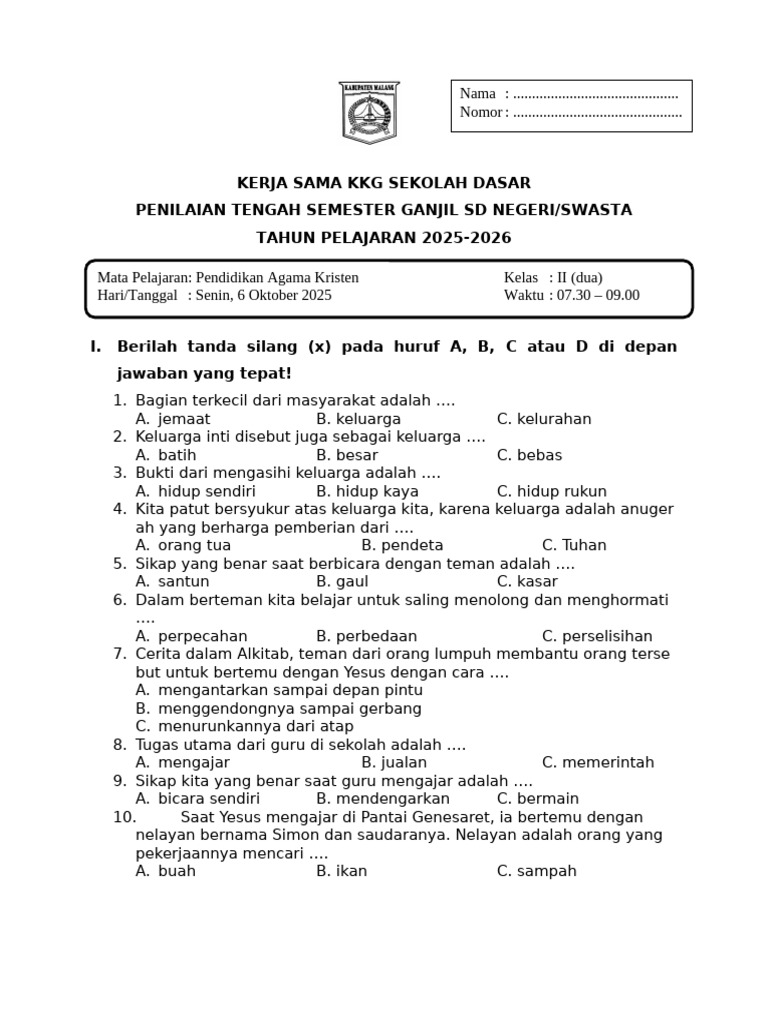 Soal Pend Agama Kristen Kelas 2 PDF