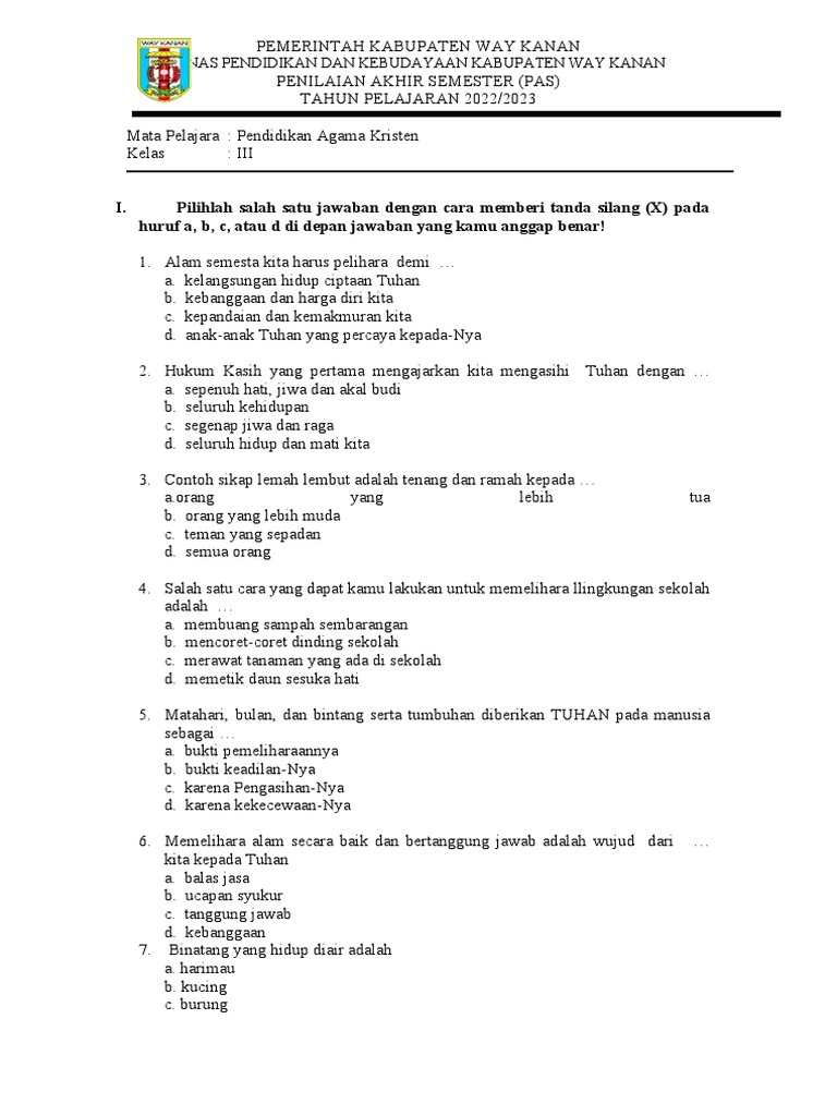 5 Contoh Soal Agama Kristen Kelas 3 Semester 1 KTSP yang Wajib Dikuasai Siswa SD