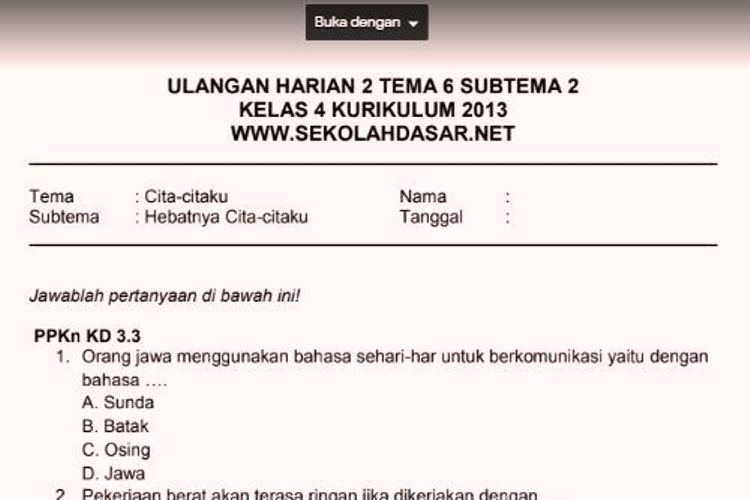 5 Contoh Soal Midsemester K13 Kelas 4 Tema 6 Cita Citaku yang Sering Keluar di Ujian