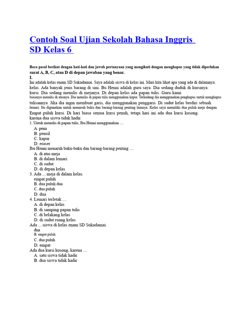 Soal Ujian Bahasa Inggris SD Kelas 6 PDF Soal Ujian Bahasa Inggris SD Kelas 6 PDF