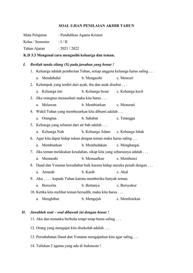 5 Rahasia Contoh Soal Agama Kristen Kelas 1 SD Semester 1 yang Wajib Diketahui