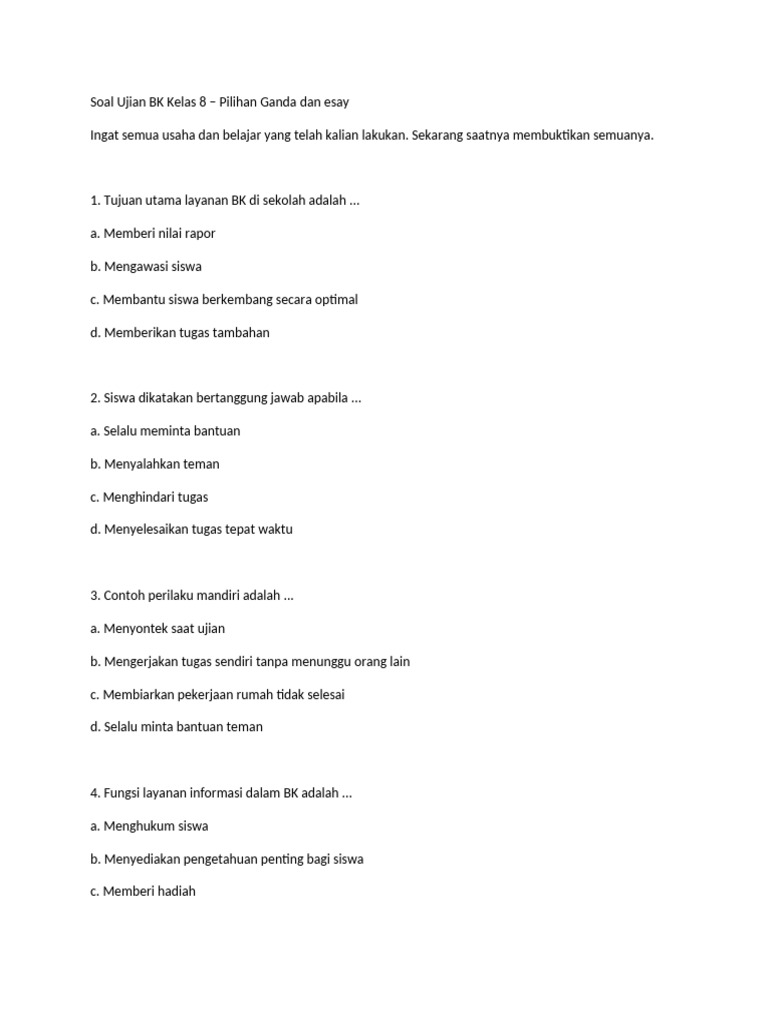 Soal Ujian BK Kelas 8 Pilihan Ganda Esai PDF