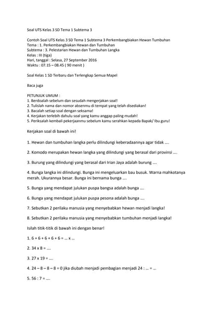 Soal uts kelas 3 sd tema 1 subtema 3 DOC
