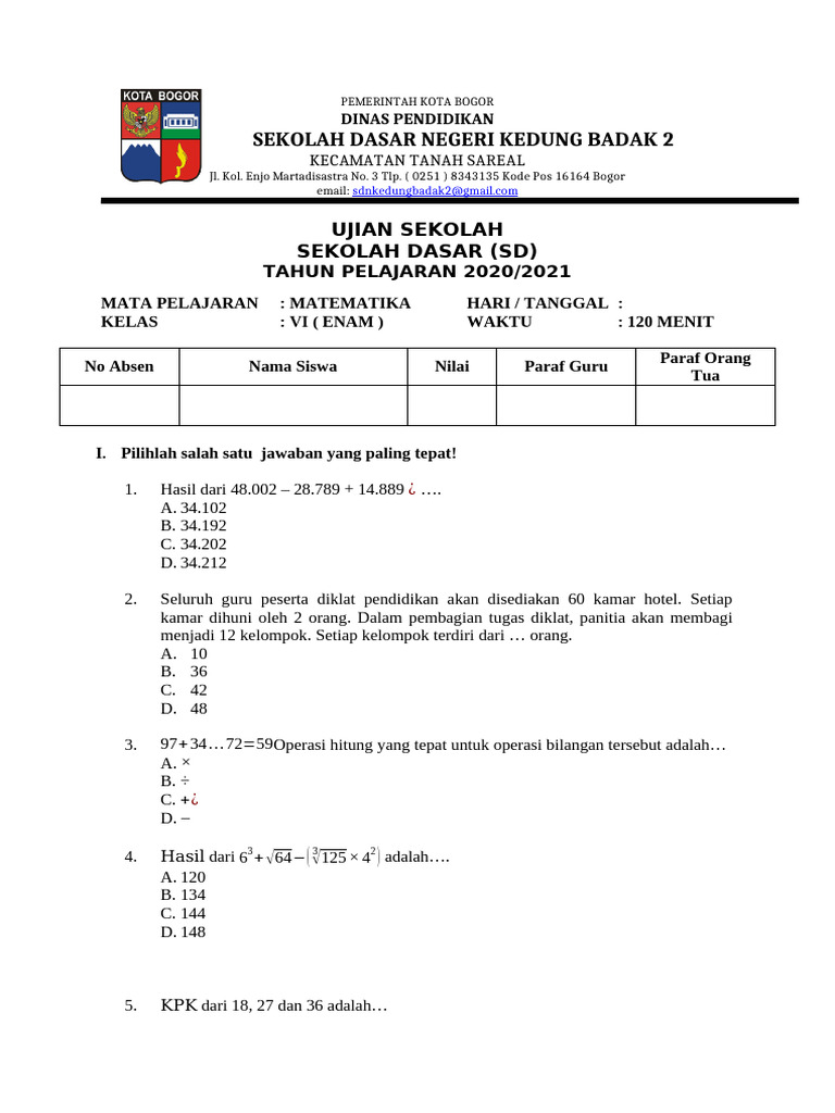 Ujian Sekolah Matematika SD Kedung Badak PDF Ujian Sekolah Matematika SD Kedung Badak PDF