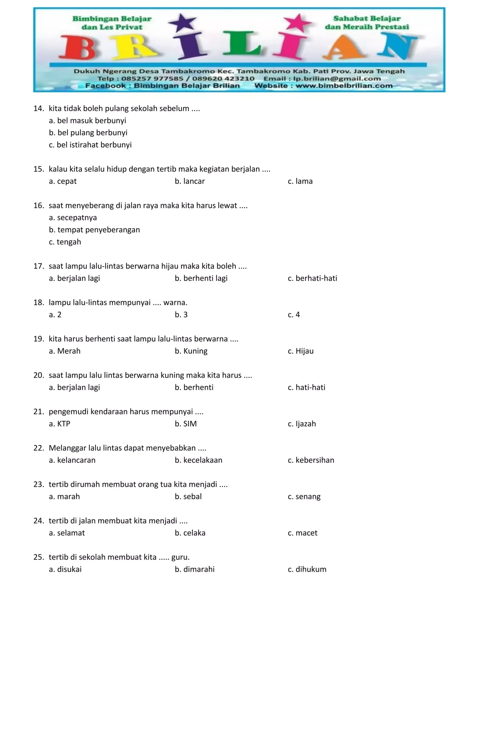Indonesian educational worksheet Soal pkn kelas 1 sd Latihan soal