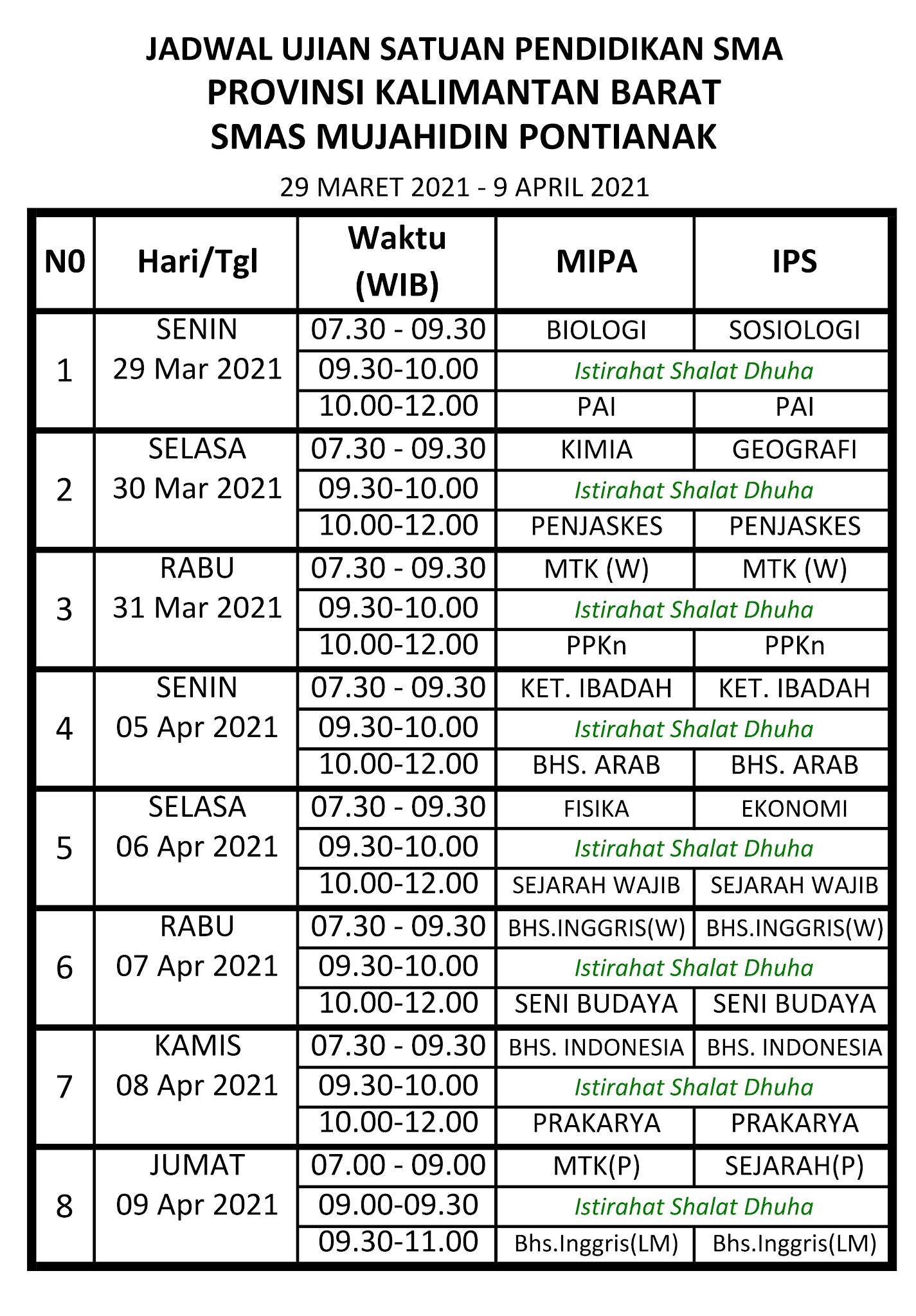 Jadwal Ujian Satuan Pendidikan Kelas XII Tahun 2020 2021 SMA