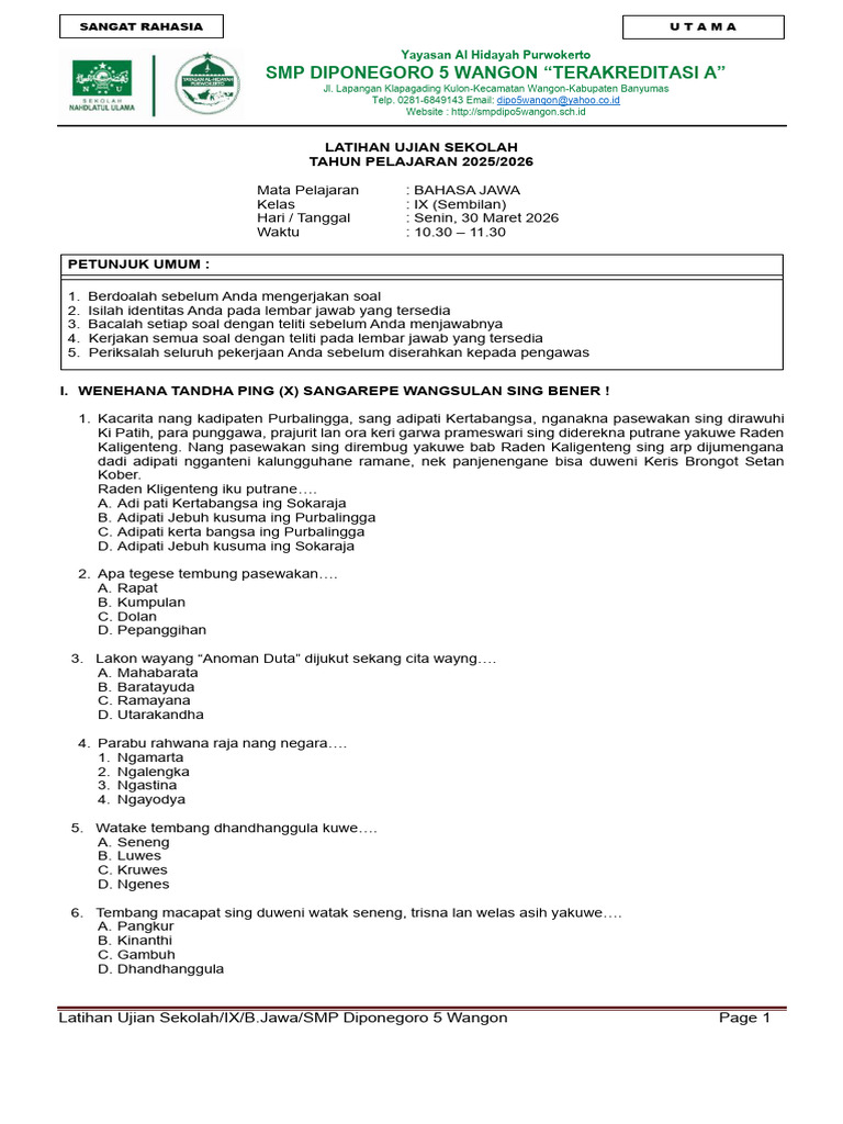 Latihan Ujian Sekolah Bahasa Jawa 2026 PDF