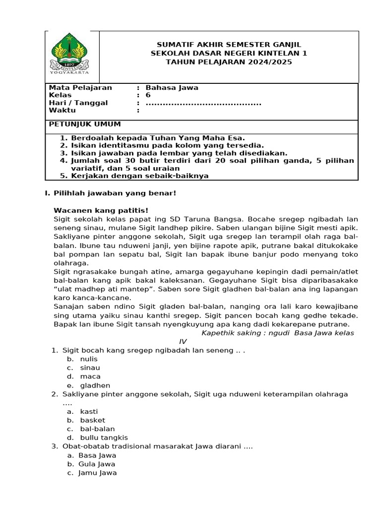 Ternyata Ini Kunci Jawaban Ujian Sekolah Bahasa Jawa Kelas 6 yang Jarang Diketahui Siswa