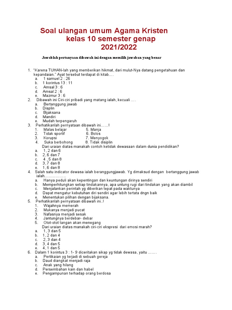 10 Contoh Soal Agama Kristen Kelas 10 Semester 1 yang Sering Muncul di Ujian, Wajib Kamu Pelajari Sebelum Terlambat