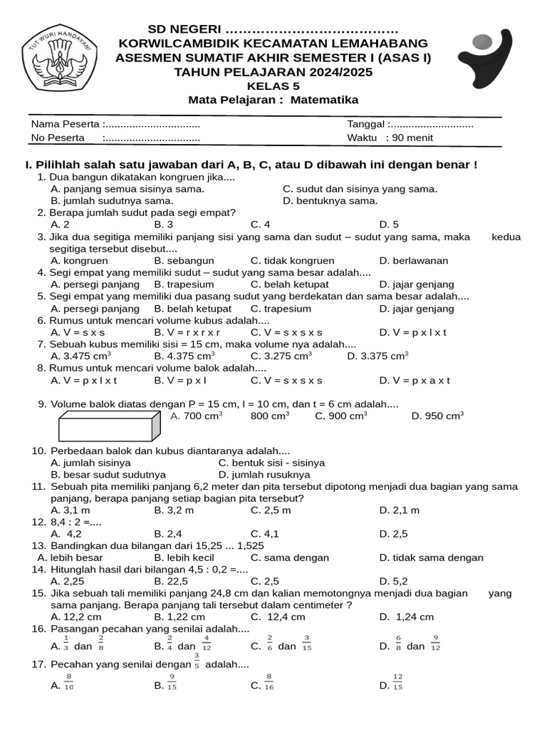 Soal Matematika Kelas 5 SD Semester I PDF Soal Matematika Kelas 5 SD Semester I PDF