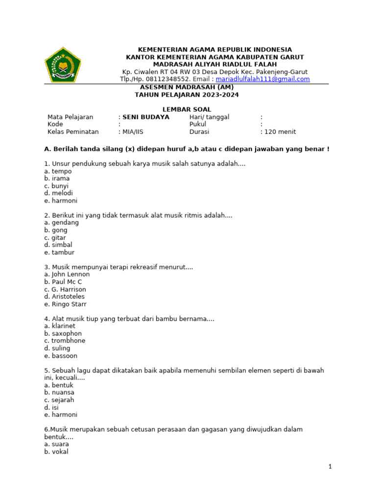 5 Contoh Soal Seni Budaya Kelas 12 Semester 1 Pilihan Ganda yang Wajib Tahu Sebelum Ujian