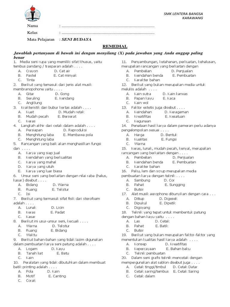 Contoh Soal Seni Budaya SMK Kelas XI Semester 1 PDF Contoh Soal Seni Budaya SMK Kelas XI Semester 1 PDF