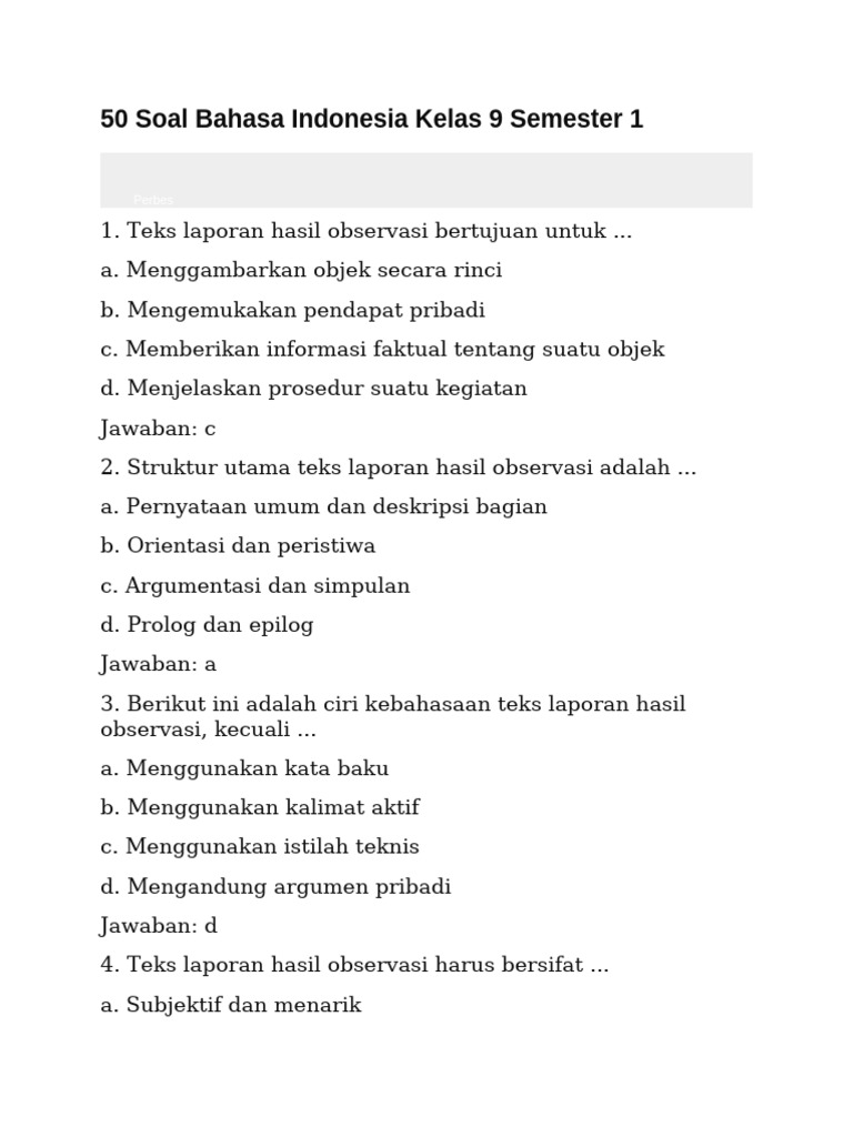 50 soal bahasa indonesia kelas 9 semester 1
