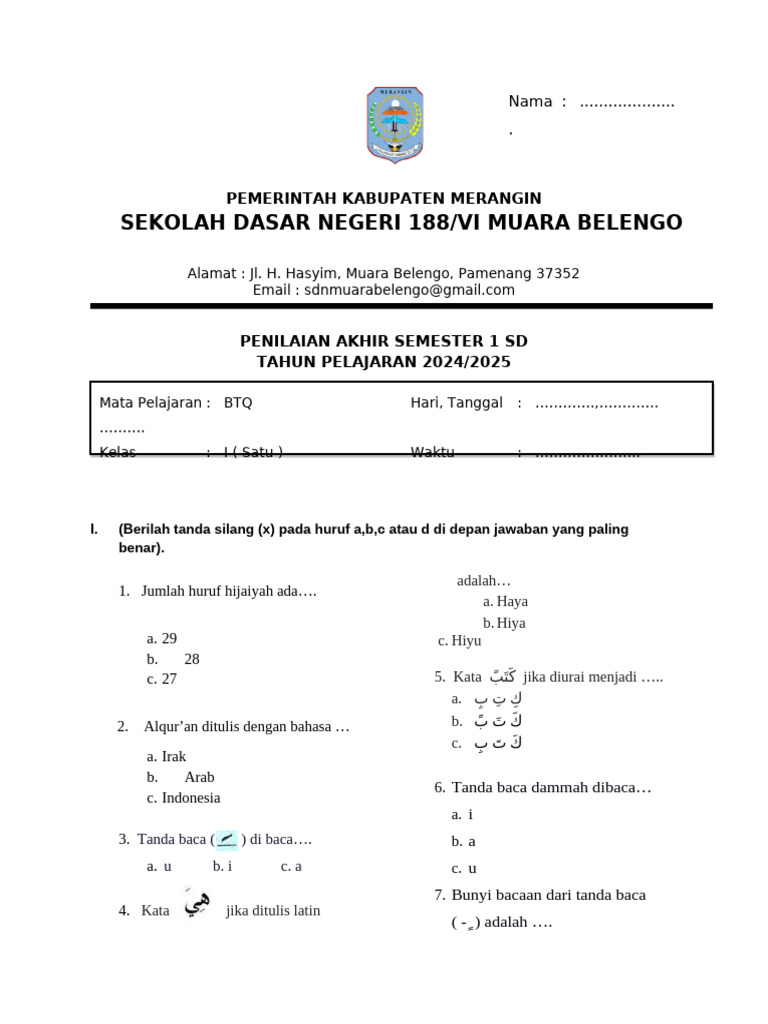 Soal BTQ Kelas 1 SD Semester 1 PDF Soal BTQ Kelas 1 SD Semester 1 PDF