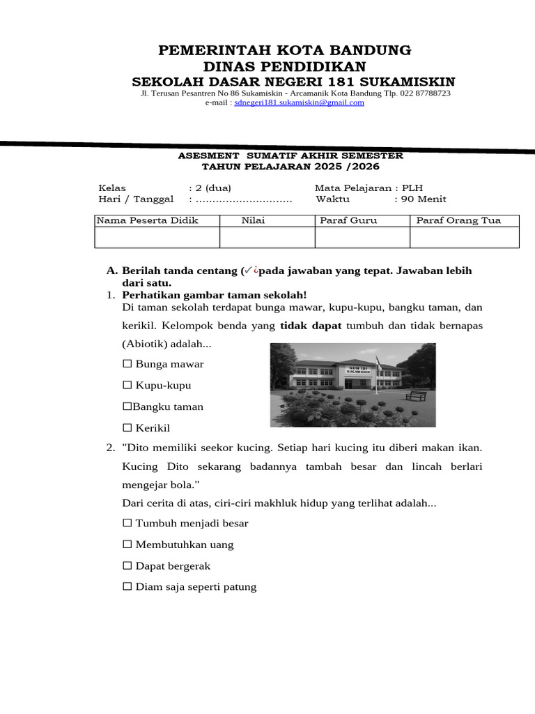 Soal PLH Kelas 2 SDN 181 Bandung PDF