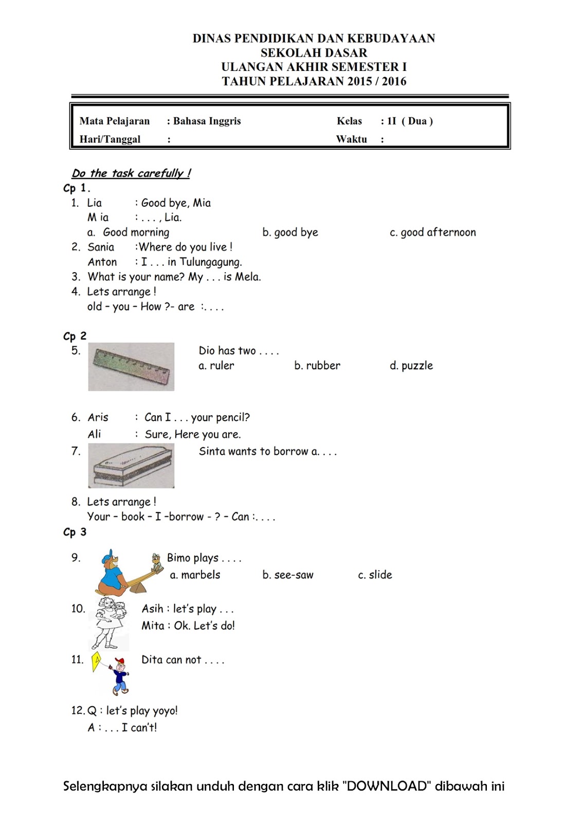 docx soal ulangan bahasa inggris kelas 1 semester 2