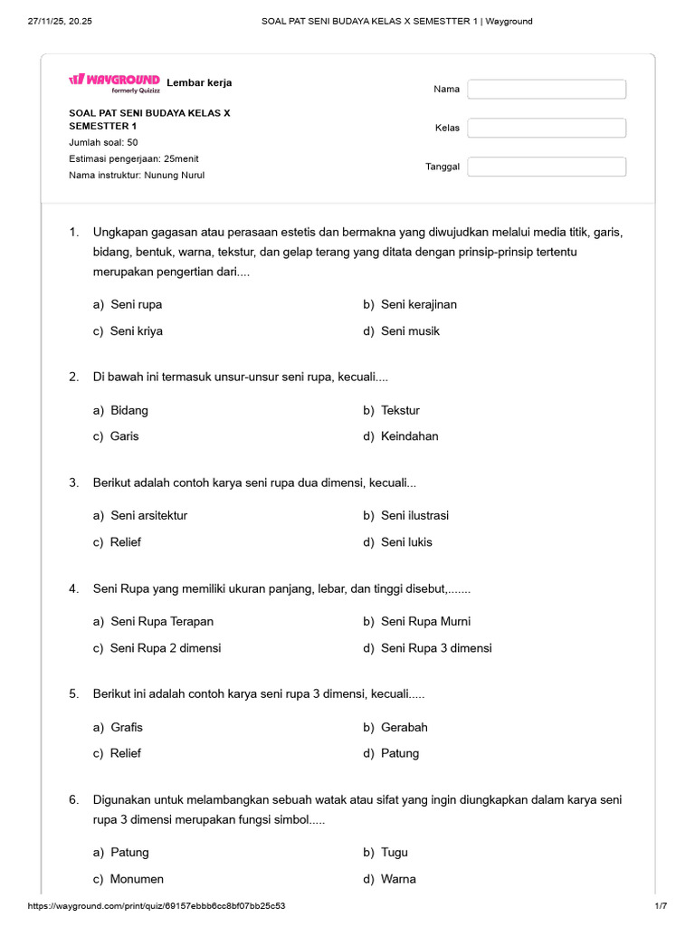 Soal Pat Seni Budaya Kelas X Semestter 1 PDF Soal Pat Seni Budaya Kelas X Semestter 1 PDF