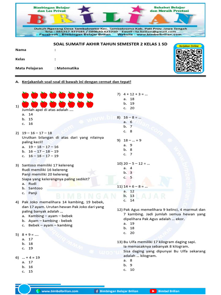 Soal Matematika Kelas 1 Semester 2 PDF Soal Matematika Kelas 1 Semester 2 PDF
