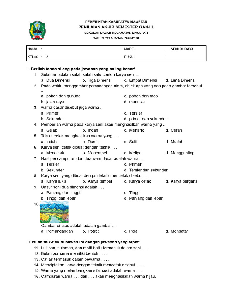 Soal Seni Budaya Kelas 2 - Soal Untuk Cetak PDF Soal Seni Budaya Kelas 2 - Soal Untuk Cetak PDF