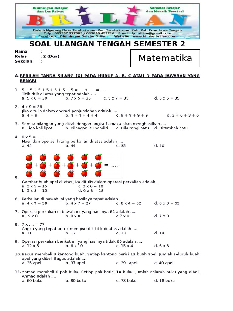 Soal UTS Matematika Kelas 2 Semester 2 PDF Metode Bahan Ajar Soal UTS Matematika Kelas 2 Semester 2 PDF Metode Bahan Ajar