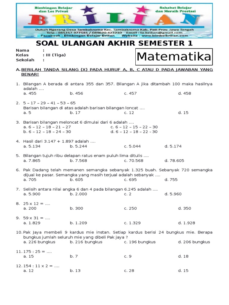 Soal UAS Matematika Kelas 3 SD Semester 1 Ganjil Dan Kunci Jawaban Soal UAS Matematika Kelas 3 SD Semester 1 Ganjil Dan Kunci Jawaban