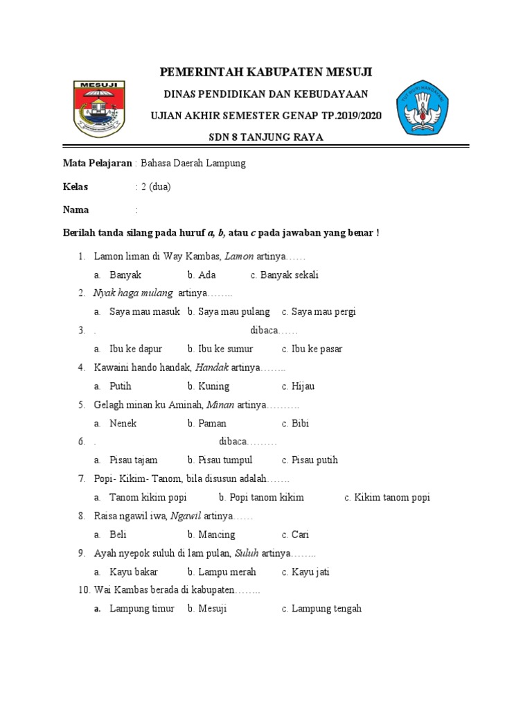 Soal Bahasa Lampung Kelas 2 Semester 2 PDF Soal Bahasa Lampung Kelas 2 Semester 2 PDF