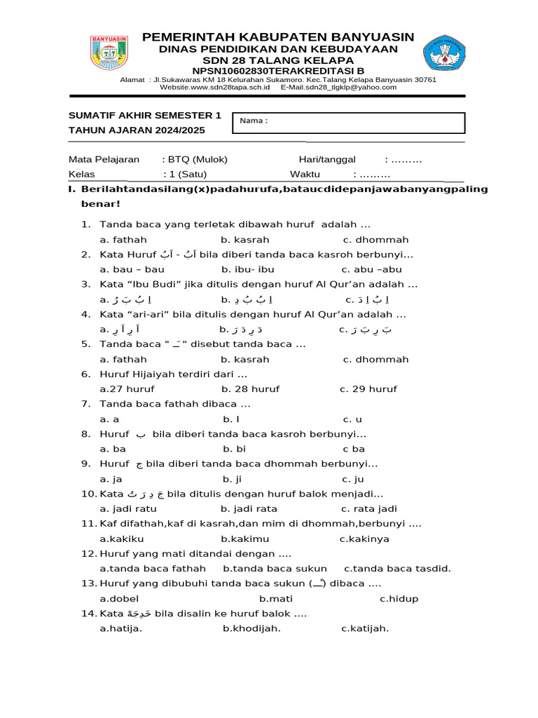 Soal BTQ Kelas 1 SD Semester 1 PDF Soal BTQ Kelas 1 SD Semester 1 PDF