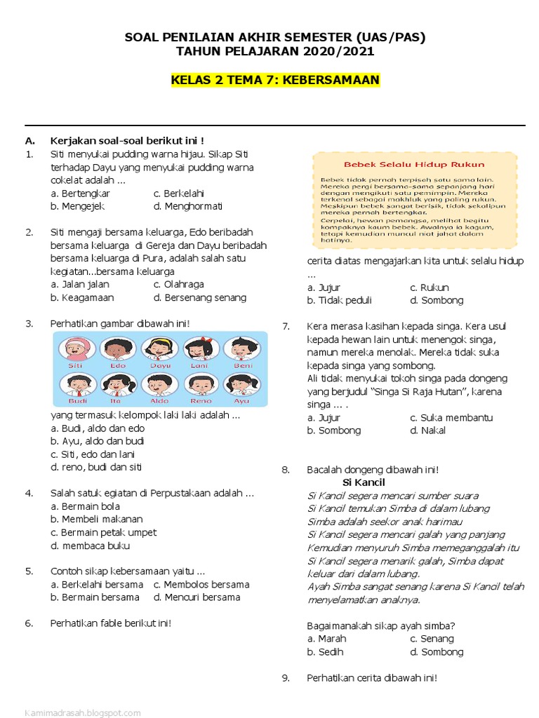 Soal PAS Kelas 2 Tema 7 Kebersamaan PDF Soal PAS Kelas 2 Tema 7 Kebersamaan PDF