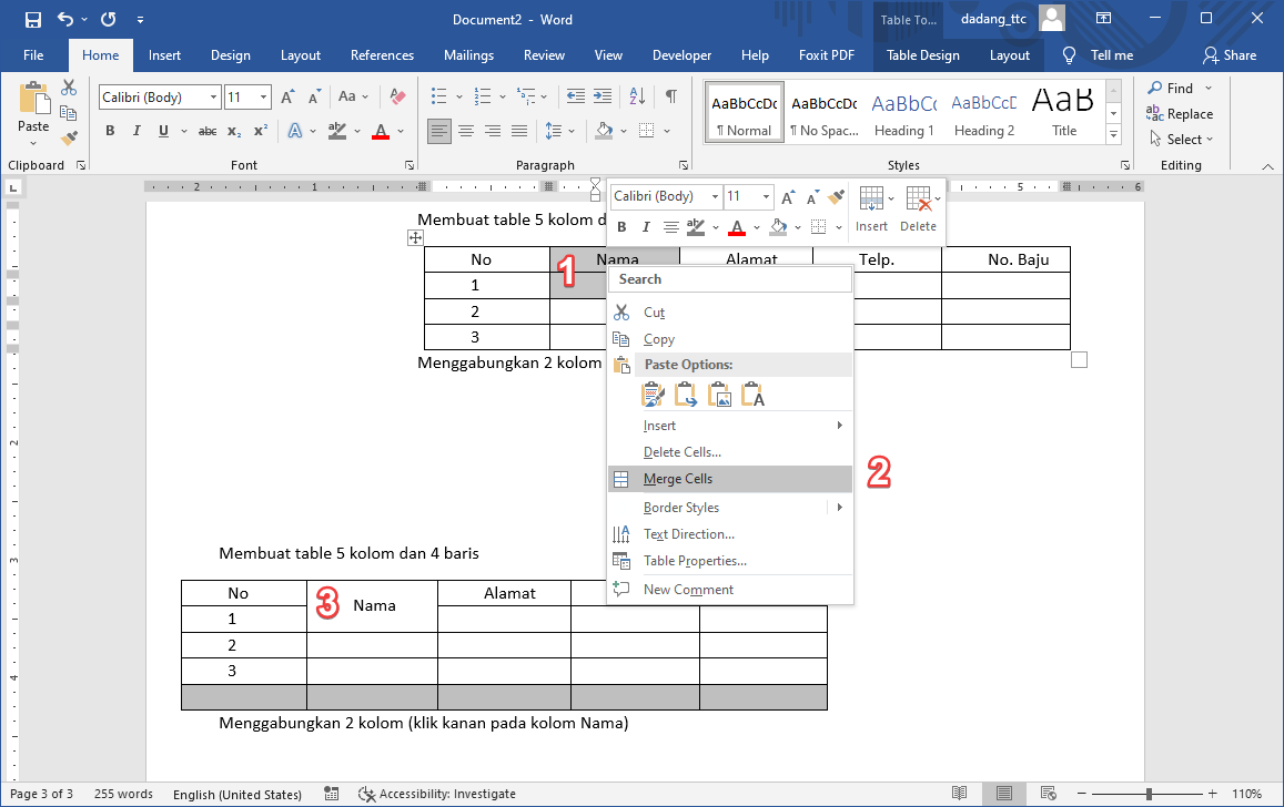 Cara Membuat Mengatur Tabel di Word Tutorial Pemula TTC