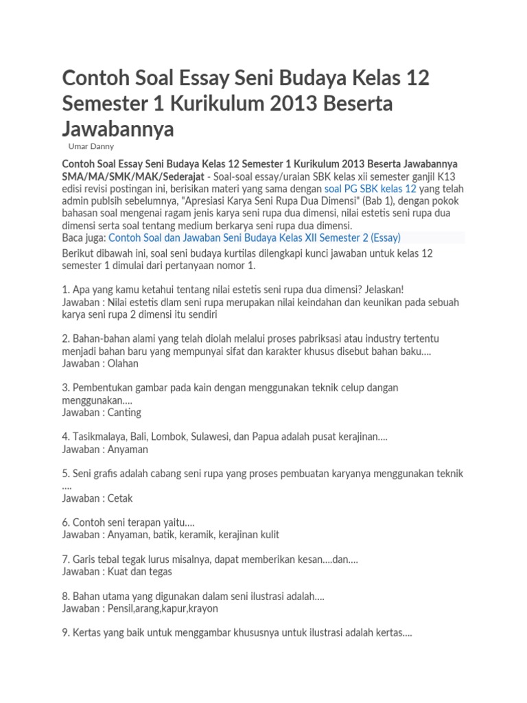 Contoh Soal Seni Budaya Kelas 12 Semester 1 Beserta Jawabannya yang Wajib Kamu Pelajari Sebelum Ujian
