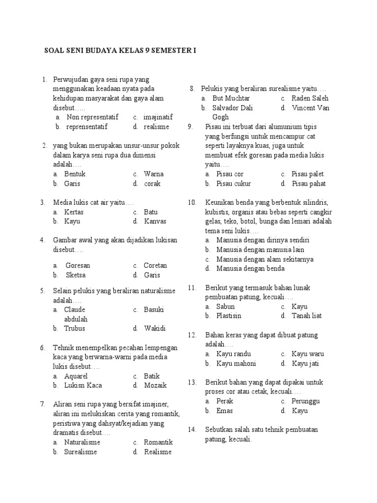 Soal Seni Budaya Kelas 9 Semester 1 PDF Soal Seni Budaya Kelas 9 Semester 1 PDF