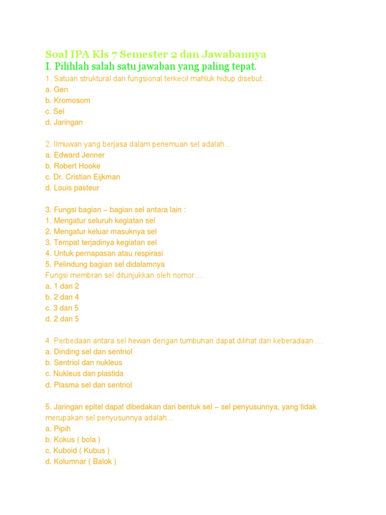 Soal dan Kunci IPA Kelas 7 Semester 2 PDF Soal dan Kunci IPA Kelas 7 Semester 2 PDF