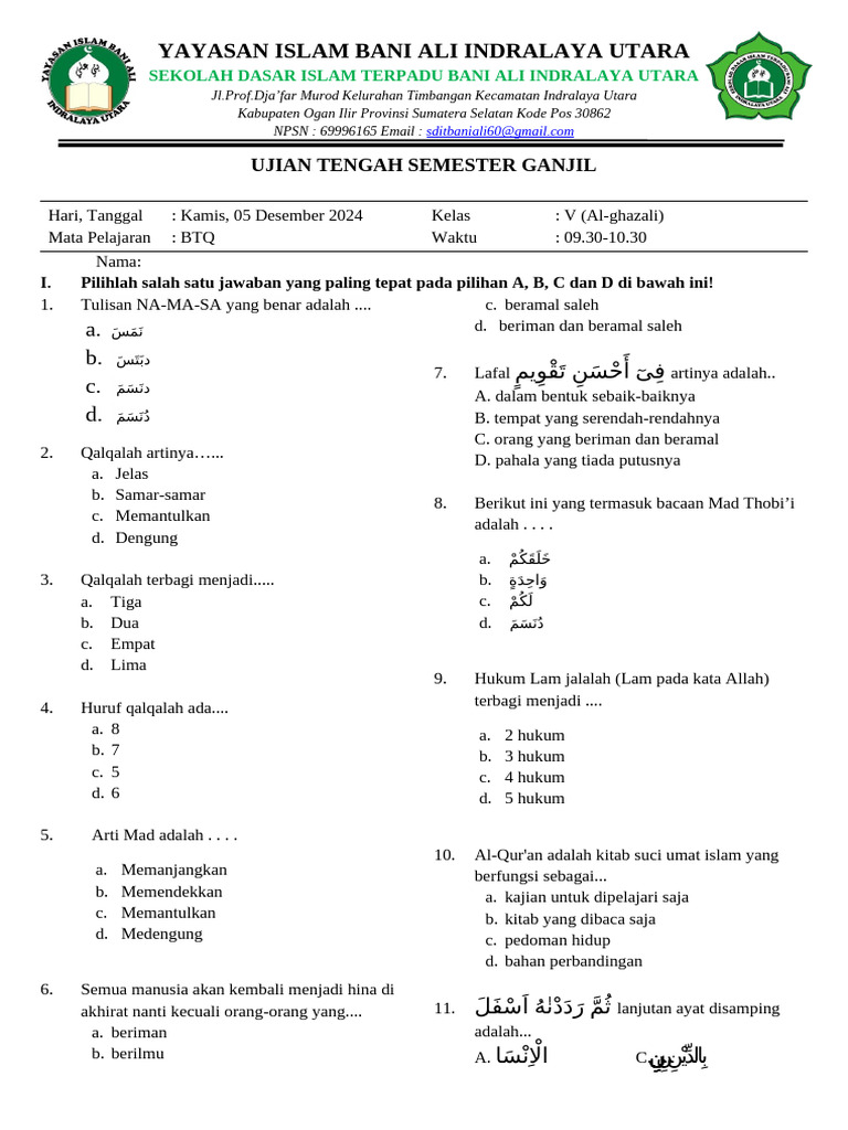 Soal BTQ Kelas 5 Semester 2 2025 PDF