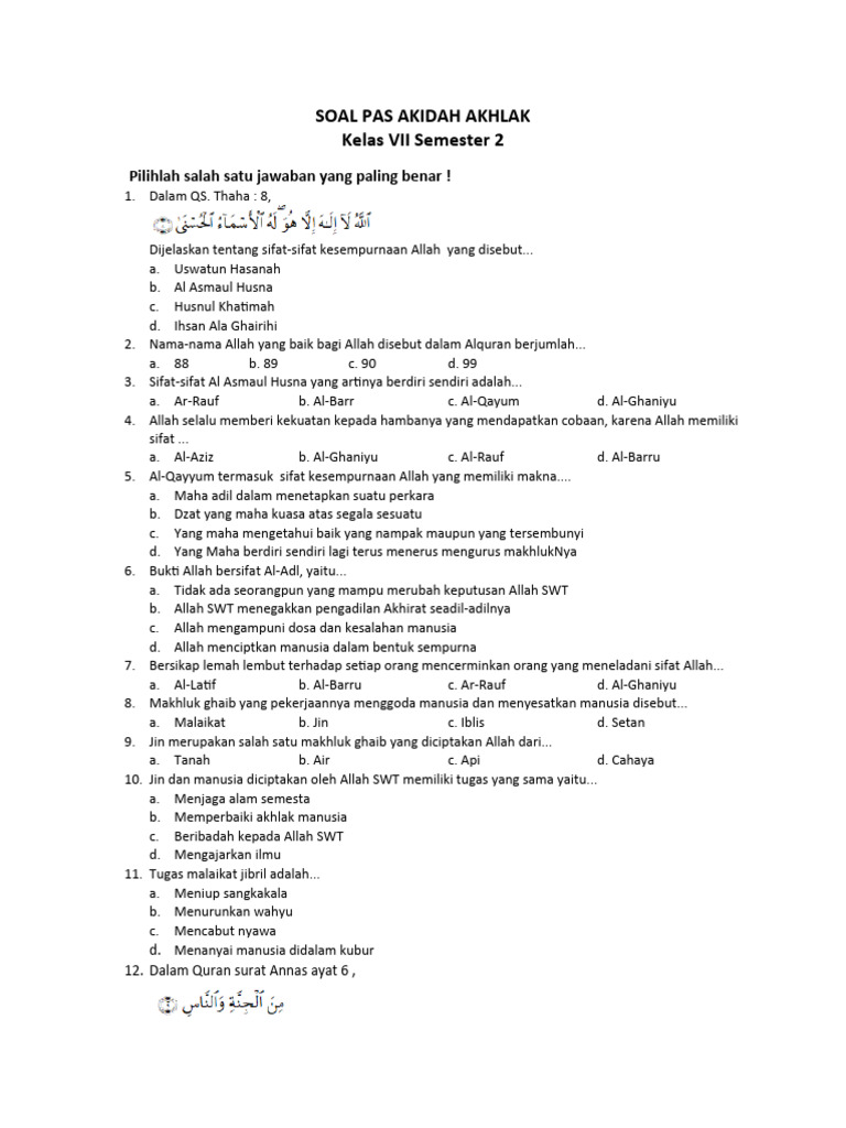 Soal PAS Akidah Akhlak Kelas 7 Sem 2 PDF Agama Spiritualitas Soal PAS Akidah Akhlak Kelas 7 Sem 2 PDF Agama Spiritualitas