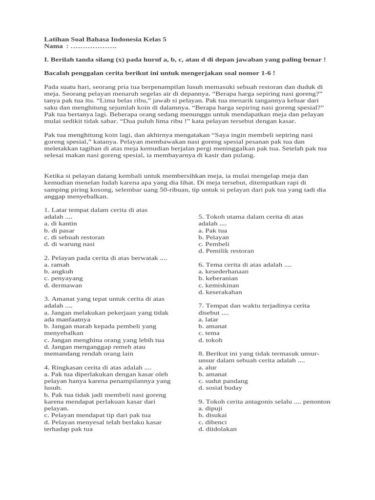 Latihan Soal Bahasa Indonesia Kelas 5 Sem 2 PDF Latihan Soal Bahasa Indonesia Kelas 5 Sem 2 PDF