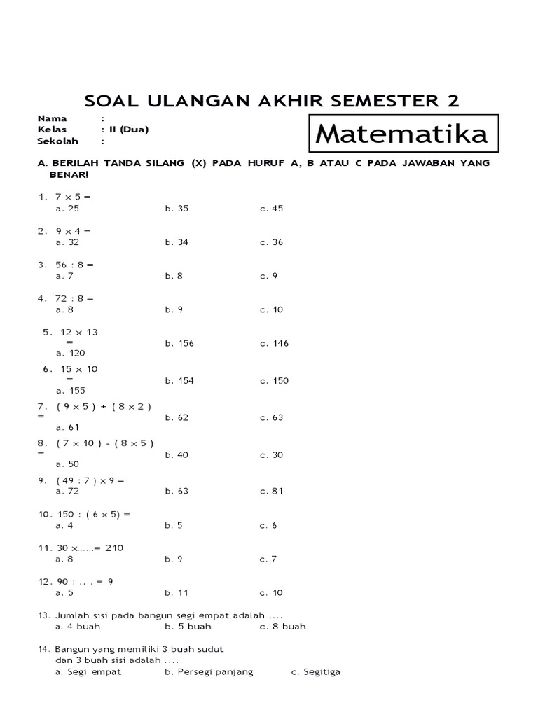 Ternyata Ini 5 Sumber Soal UAS Matematika Kelas 2 SD Semester 2 PDF Paling Dicari Guru dan Orang Tua