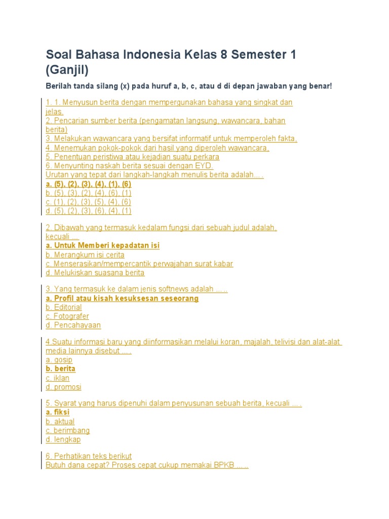 Soal Bahasa Indonesia Kelas 8 Ganjil PDF Soal Bahasa Indonesia Kelas 8 Ganjil PDF