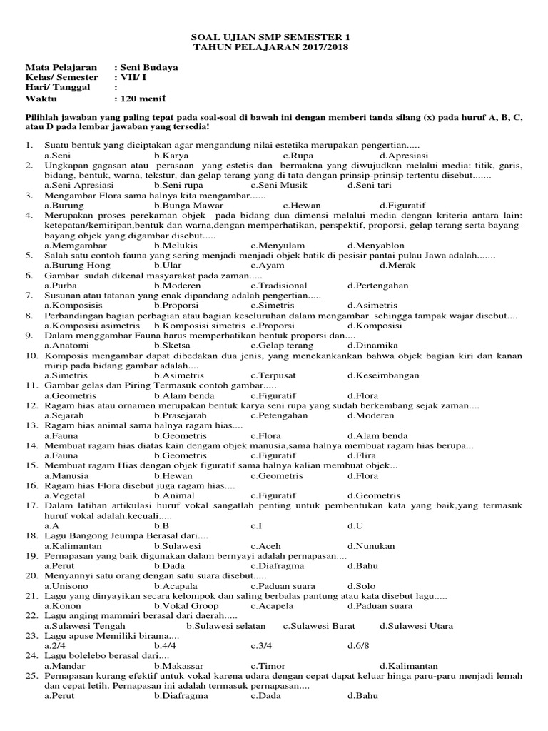 Ternyata Ini Dia Contoh Soal Seni Budaya Kelas 7 Semester 1 PDF yang Sering Muncul di Ujian, Jangan Sampai Terlewat!