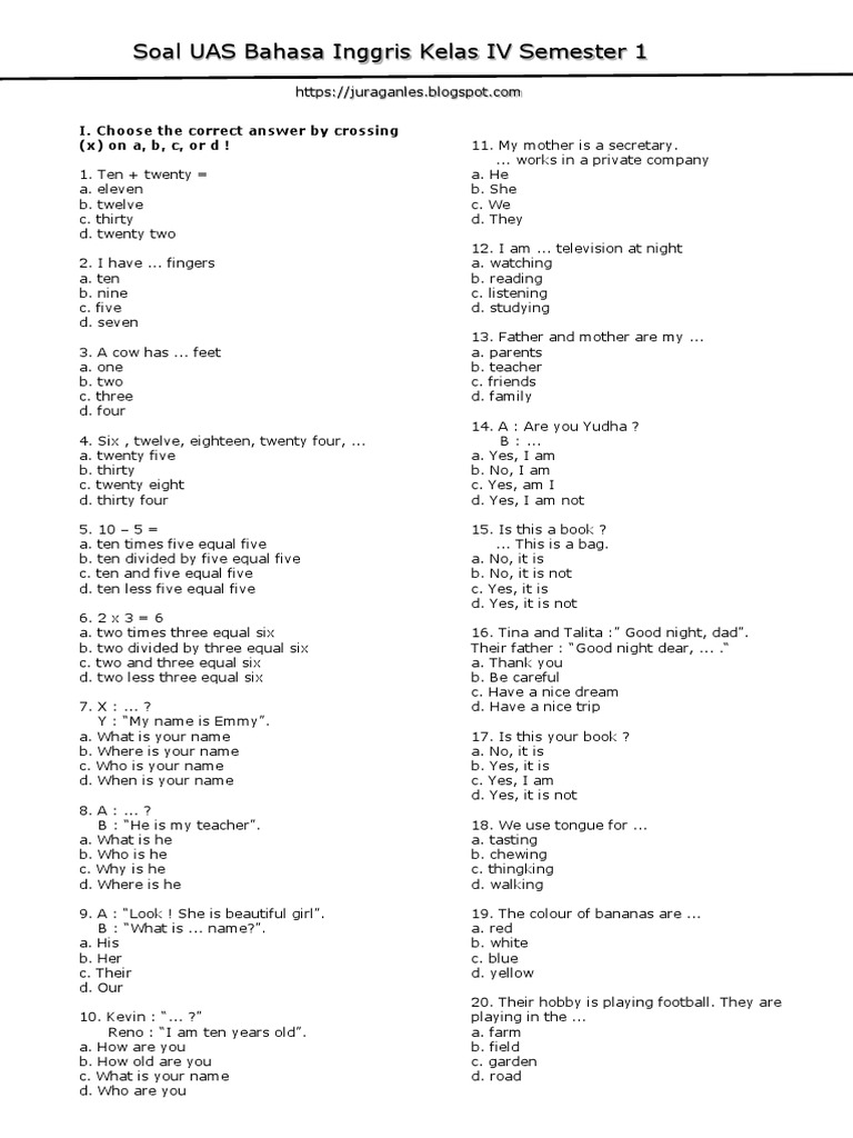Soal UAS Bahasa Inggris Kelas 4 Semester 1 PDF Soal UAS Bahasa Inggris Kelas 4 Semester 1 PDF