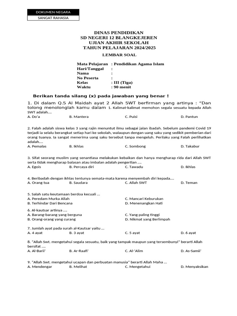 Soal Pai Kelas 3 SD Semester 2 PDF Soal Pai Kelas 3 SD Semester 2 PDF
