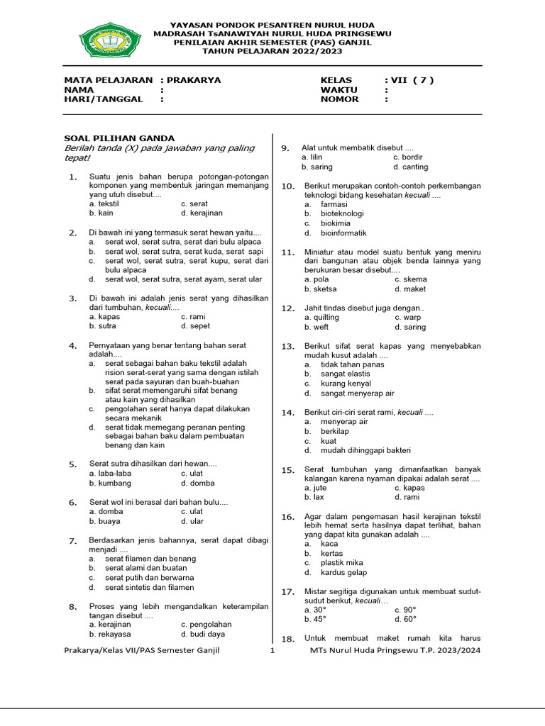 Soal Prakarya Kelas 7 Semester 1 PDF Soal Prakarya Kelas 7 Semester 1 PDF