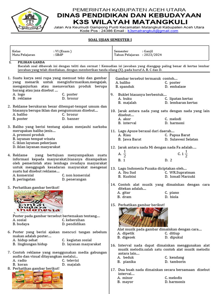 Soal Ujian SBdP Kelas 6 Semester 2 PDF Seni Soal Ujian SBdP Kelas 6 Semester 2 PDF Seni