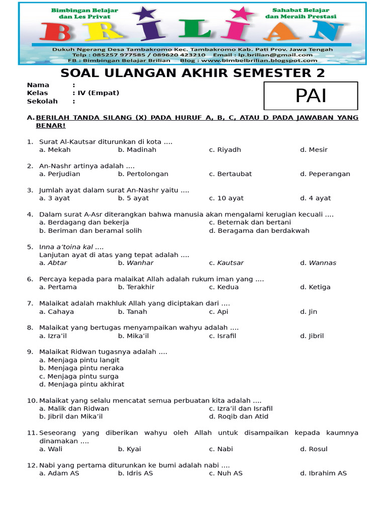 Soal UAS PAI Kelas 4 SD Semester 2 PDF Soal UAS PAI Kelas 4 SD Semester 2 PDF