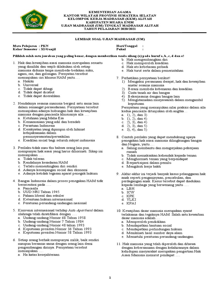 Soal Ujian PKN Kelas 11 Semester 1 PDF Soal Ujian PKN Kelas 11 Semester 1 PDF