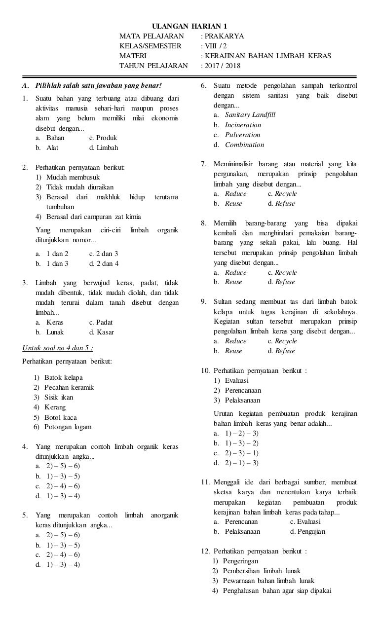contoh soal prakarya semester 2 kelas viii